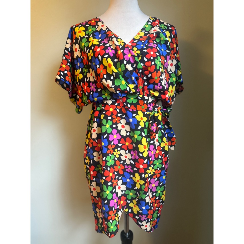Traffic People Black Floral Print Mimi Wrap Dress S retro boho whimsi Y2K fairy